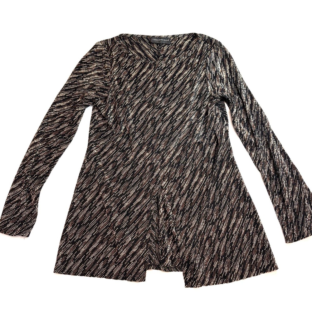 Connected Apparel Womens Black Tan Abstract Print Tunic Top Long Sleeve V Neck